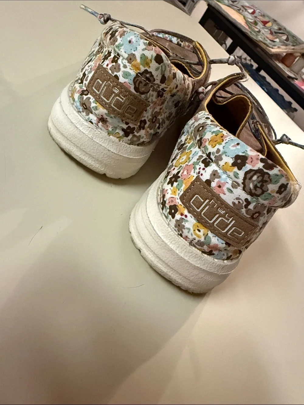 Hey Dude Brown Canvas Flats with Yellow Lining and Floral Laces